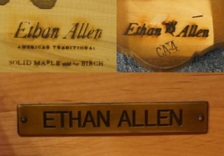 This collage of wooden signs shows the logos of different Ethan Allen furniture lines, including Early American, Colonial Revival, and 18th Century Reproductions. The signs also include the phrases "Made in America" and "Ethan Allen." This image is relevant to the keywords "vintage Ethan Allen furniture," "how to identify vintage Ethan Allen furniture," "Ethan Allen history," and "Ethan Allen furniture value."